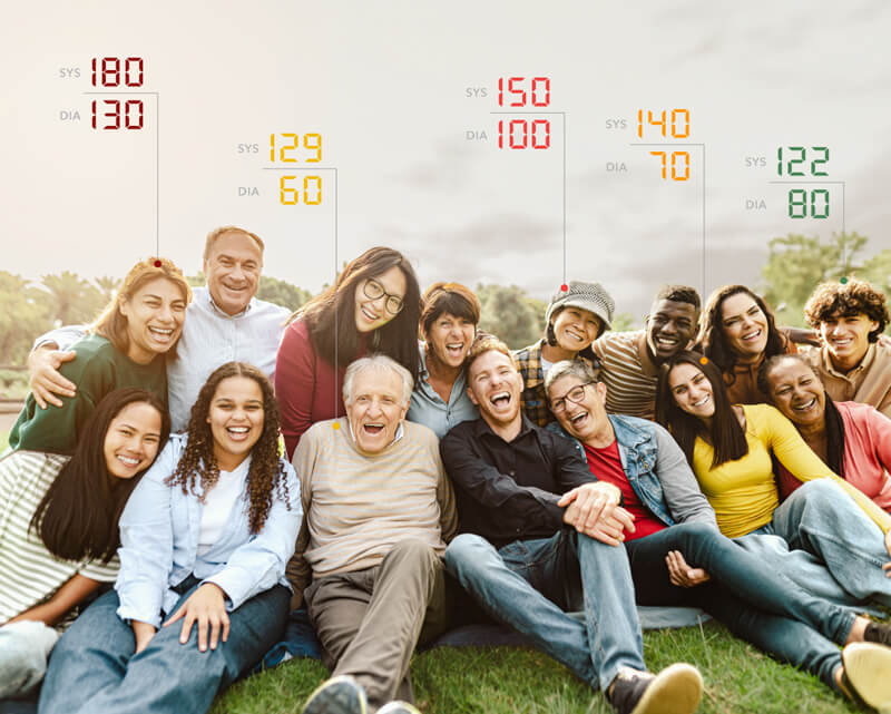 Group of individuals sitting on the grass with lines showing sample blood pressure